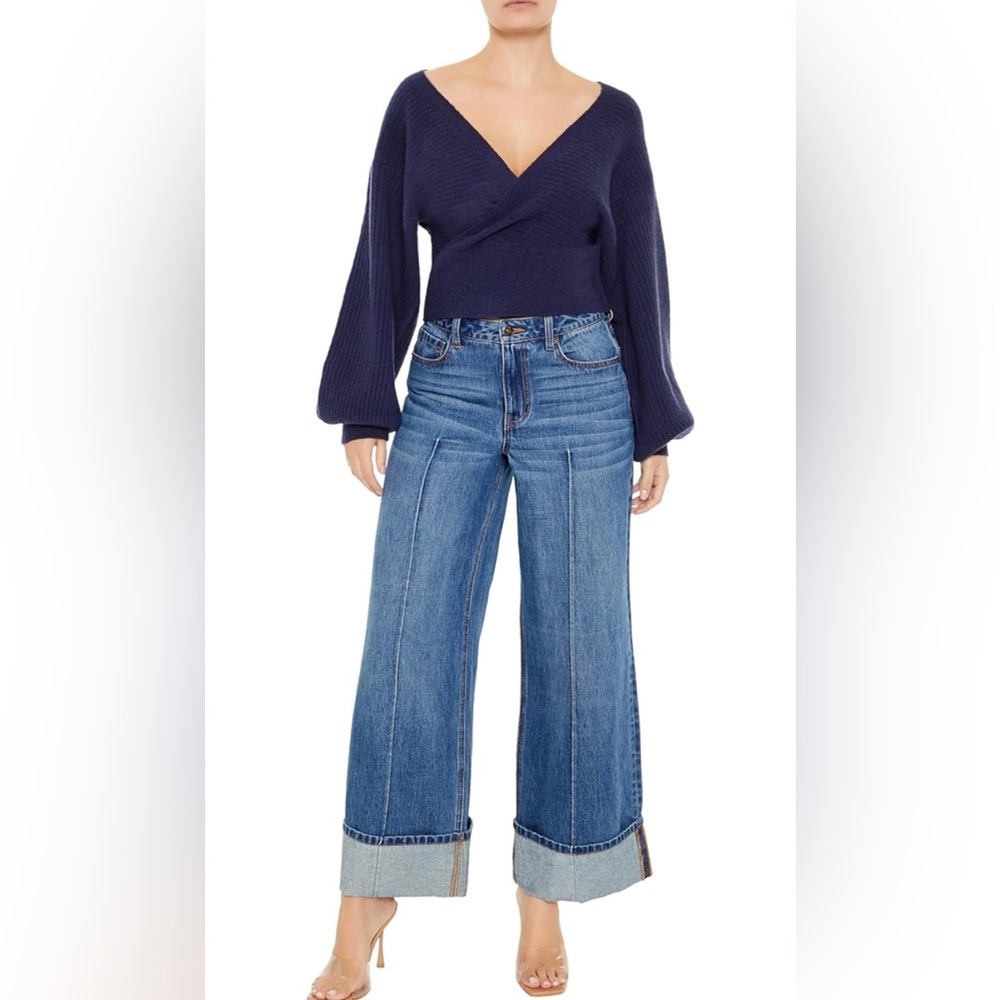 Forever 21 Dark Blue Ribbed Knit Wrap Crop Top Size Medium Long Sleeve NWT